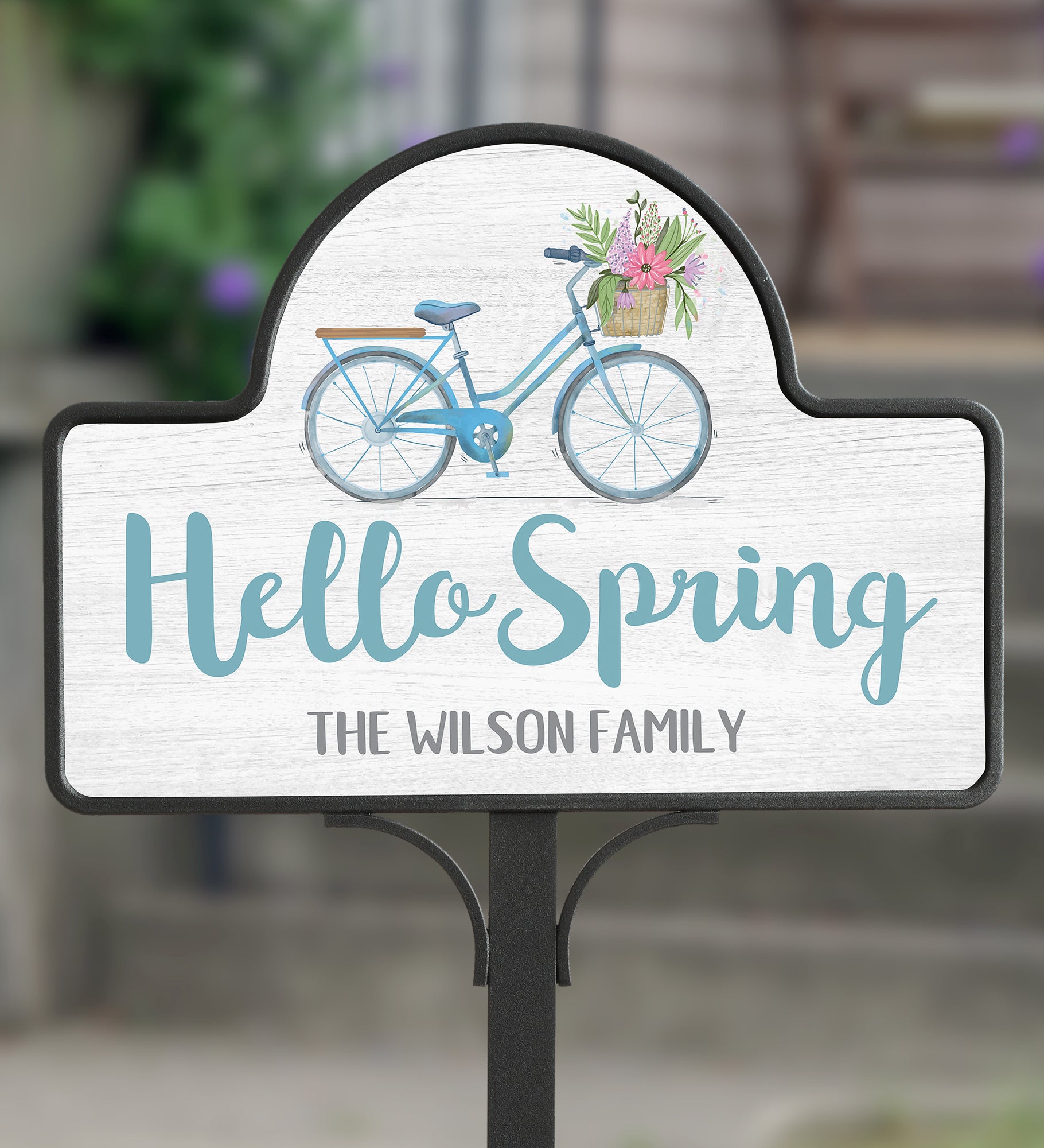 Hello Spring Floral Bicycle Personalized Magnetic Garden Sign